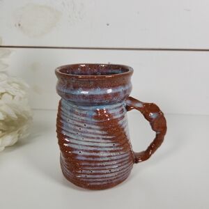 Vintage Studio Pottery Brown & Blue Ribbed Mug Signed- Rustic, Earthy, Cabin
